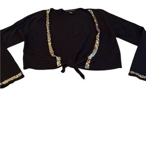 Ninety size large black shrug gold sequin trim tie at waist